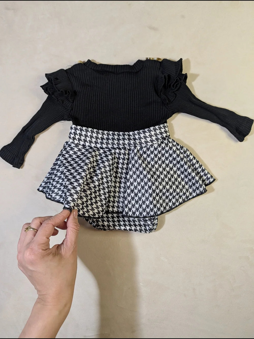 Black Ribbed Long Sleeve Bodysuit with Houndstooth Skirt